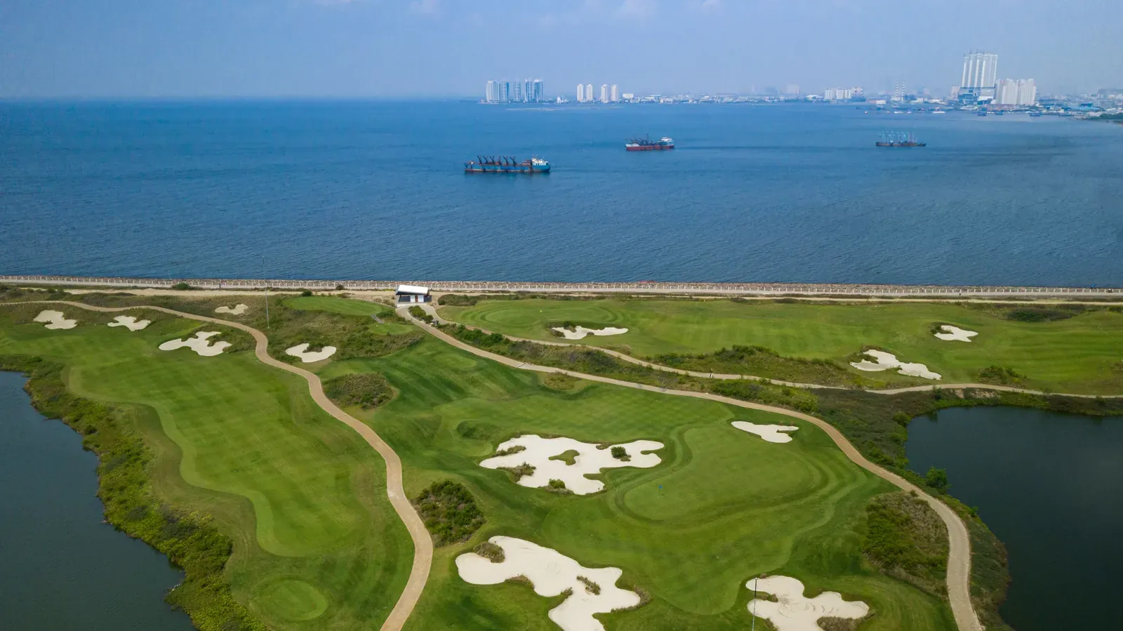 Ilustrasi pandangan udara lapangan golf di tepi laut, Golf Island